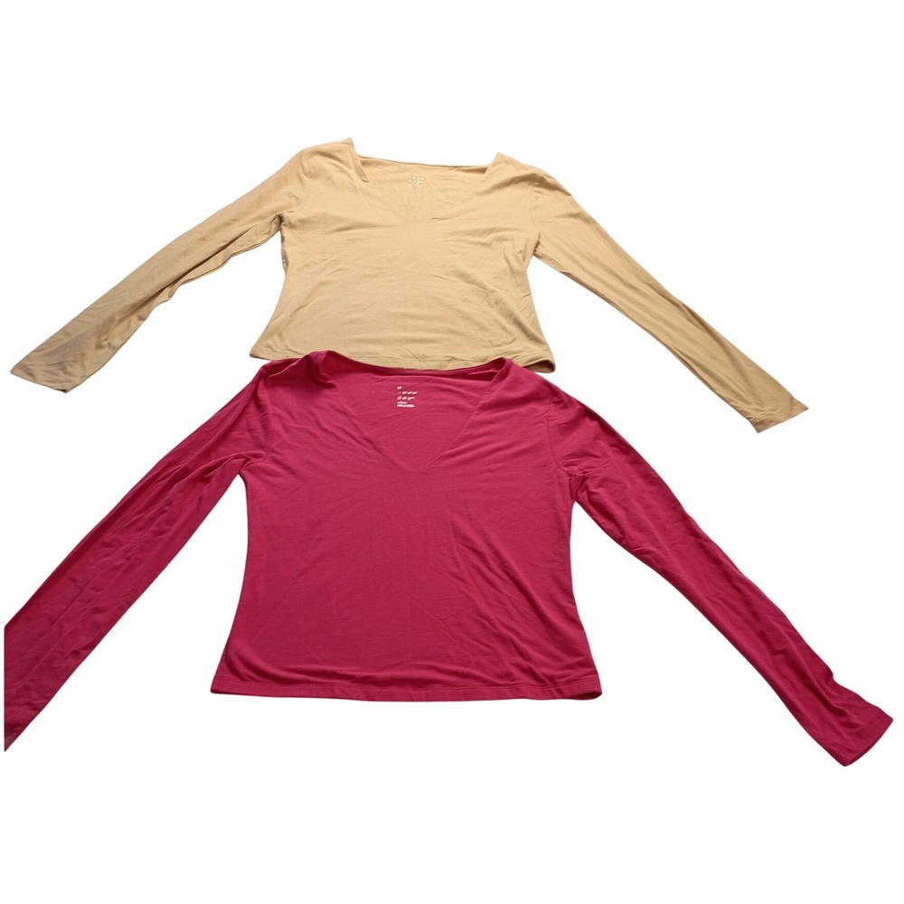 A New Day T-Shirt Women's 2-Pack V-Neck Long Sleeve Pink Tan Small Essential